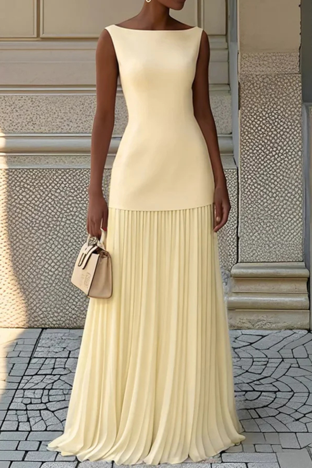 Robe longue femme plissée sans manches coupe moulante élégante cérémonie soirée
