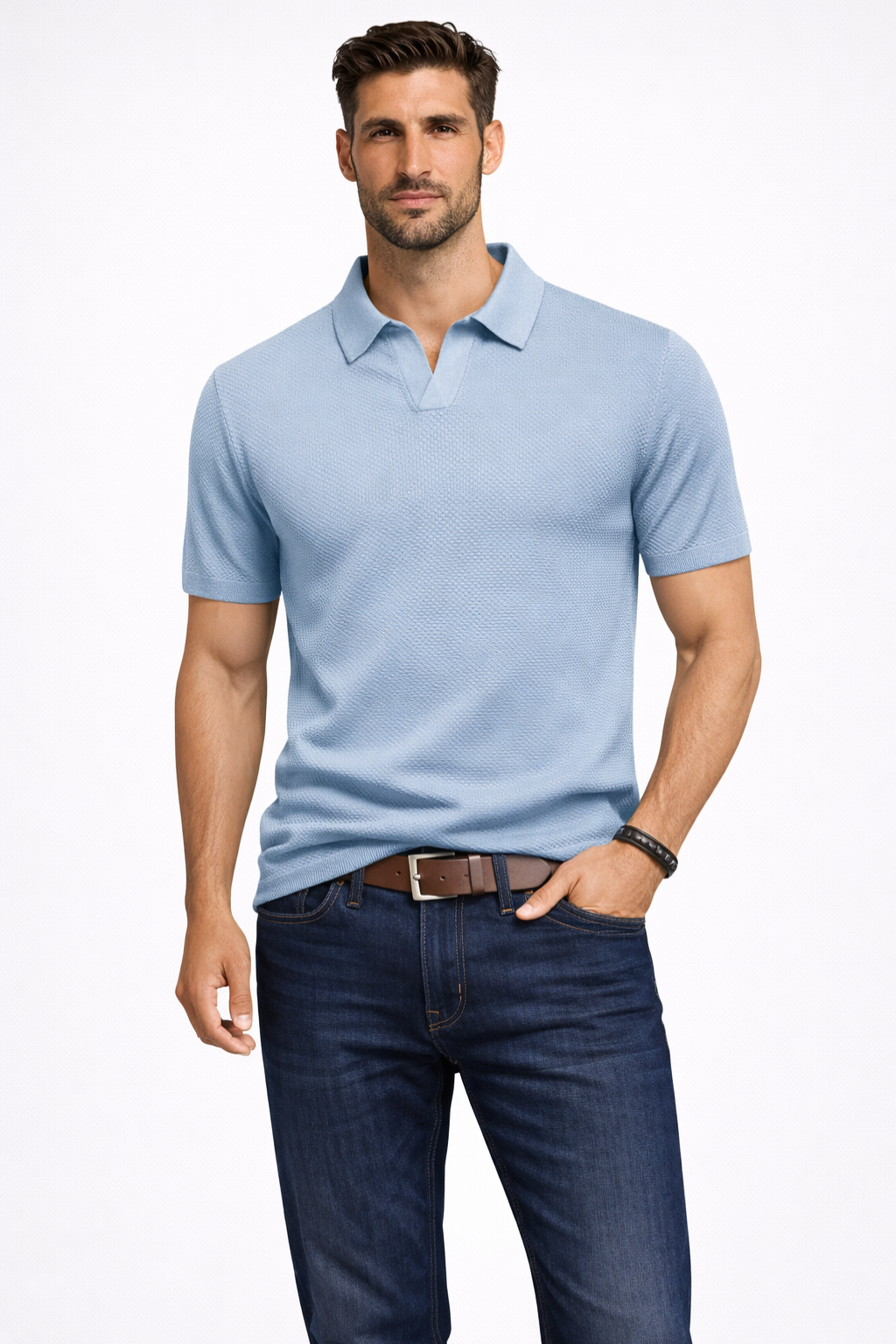 Polo homme maille texturée manches courtes col polo slim casual élégant