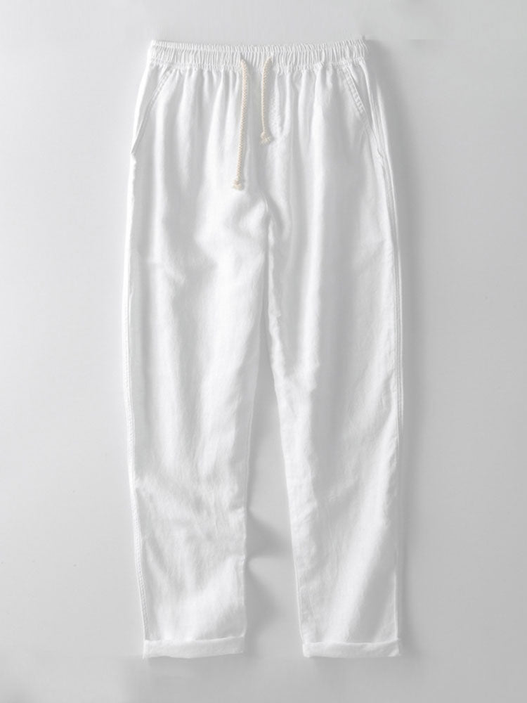 Ensemble homme lin été chemise manches courtes col mao pantalon à cordon