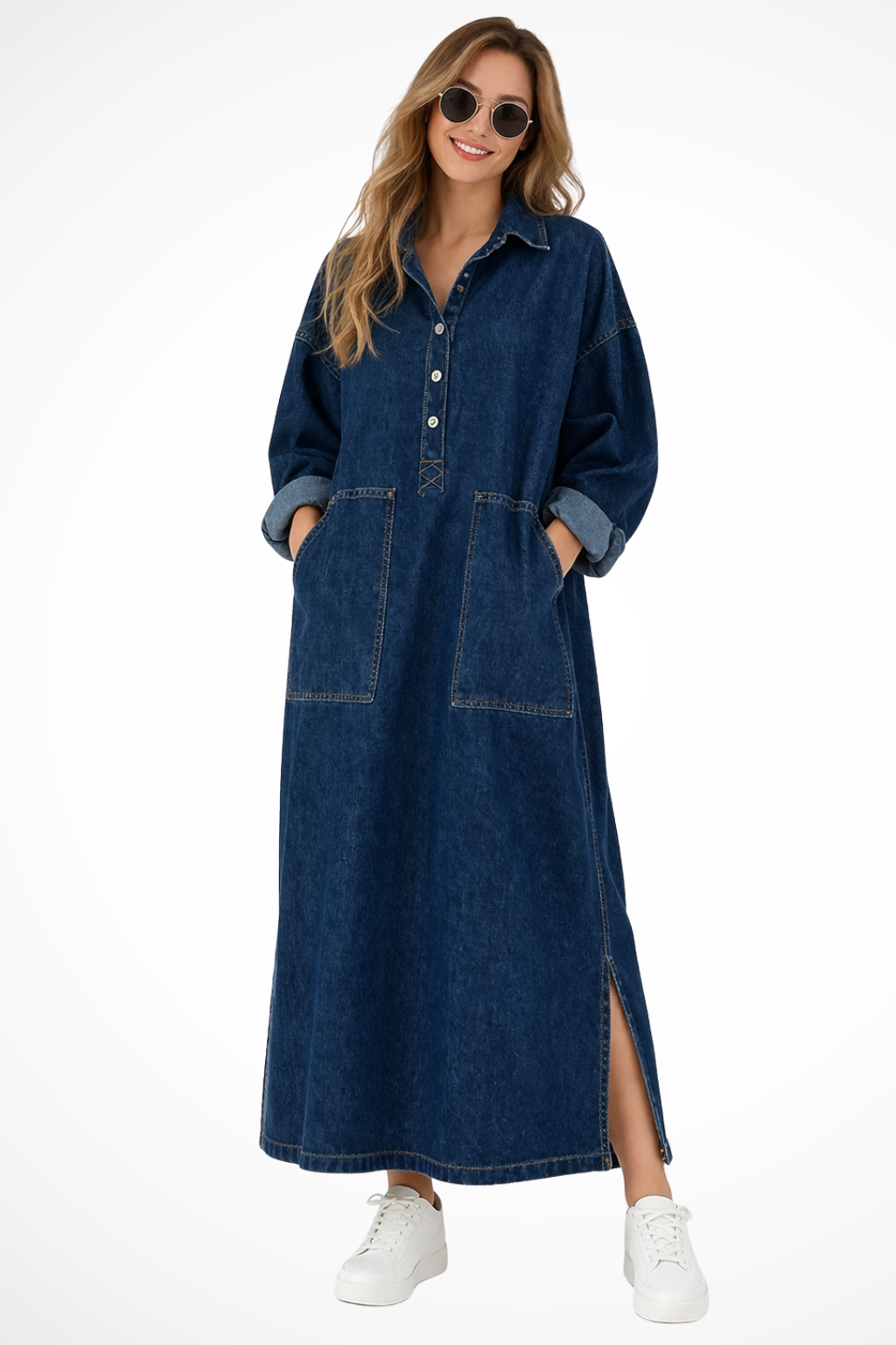 Robe en jean longue oversize col chemise manches longues