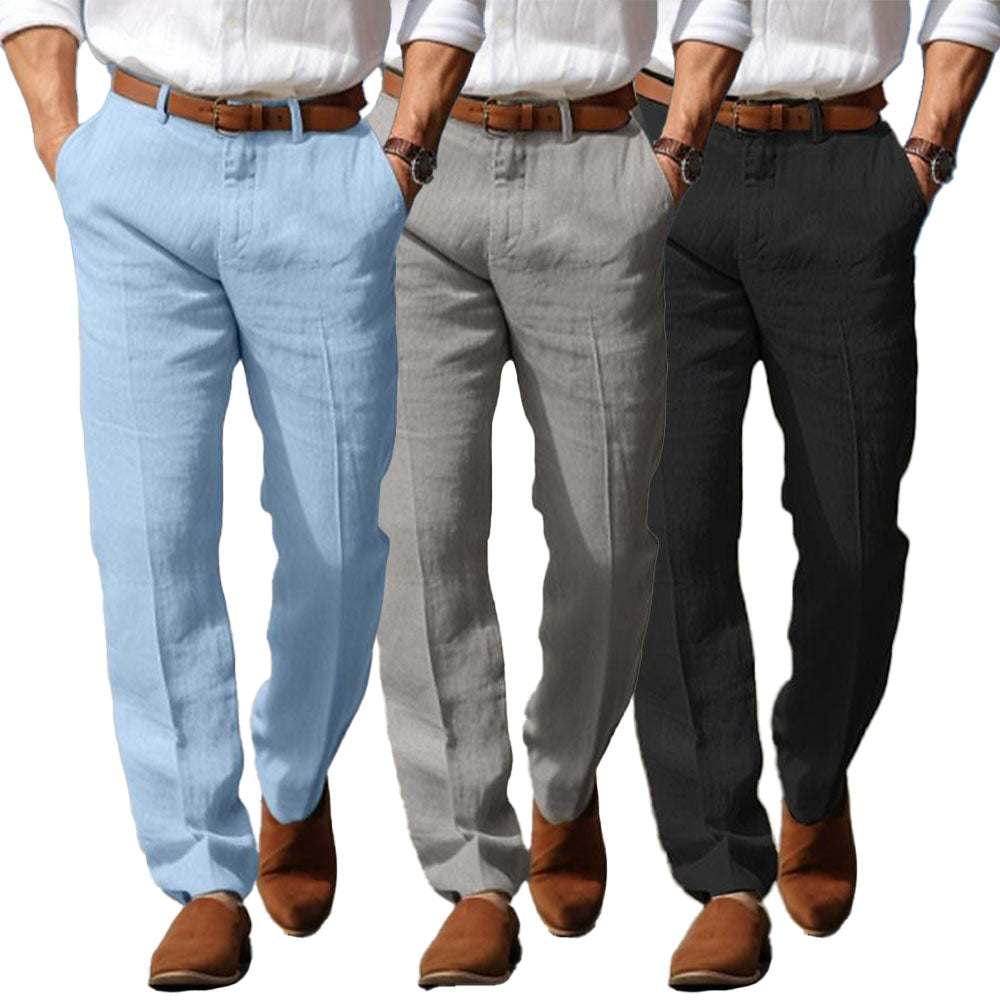 Pantalon homme en lin coupe droite avec passants de ceinture et poches latérales