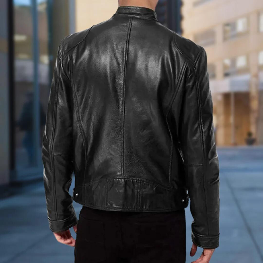 Veste en cuir homme style motard coupe ajustée zippée col montant