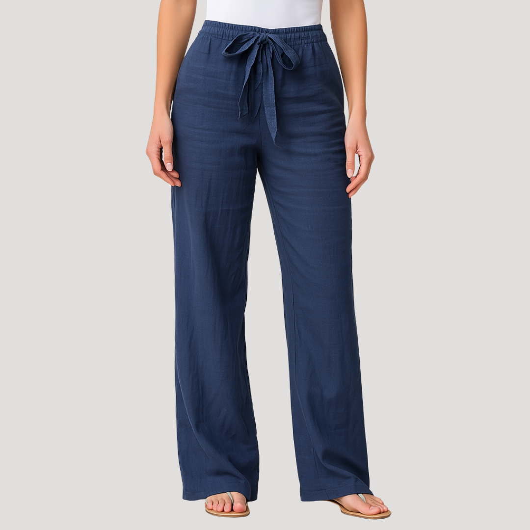 Pantalon large femme en lin à taille élastique avec cordon de serrage