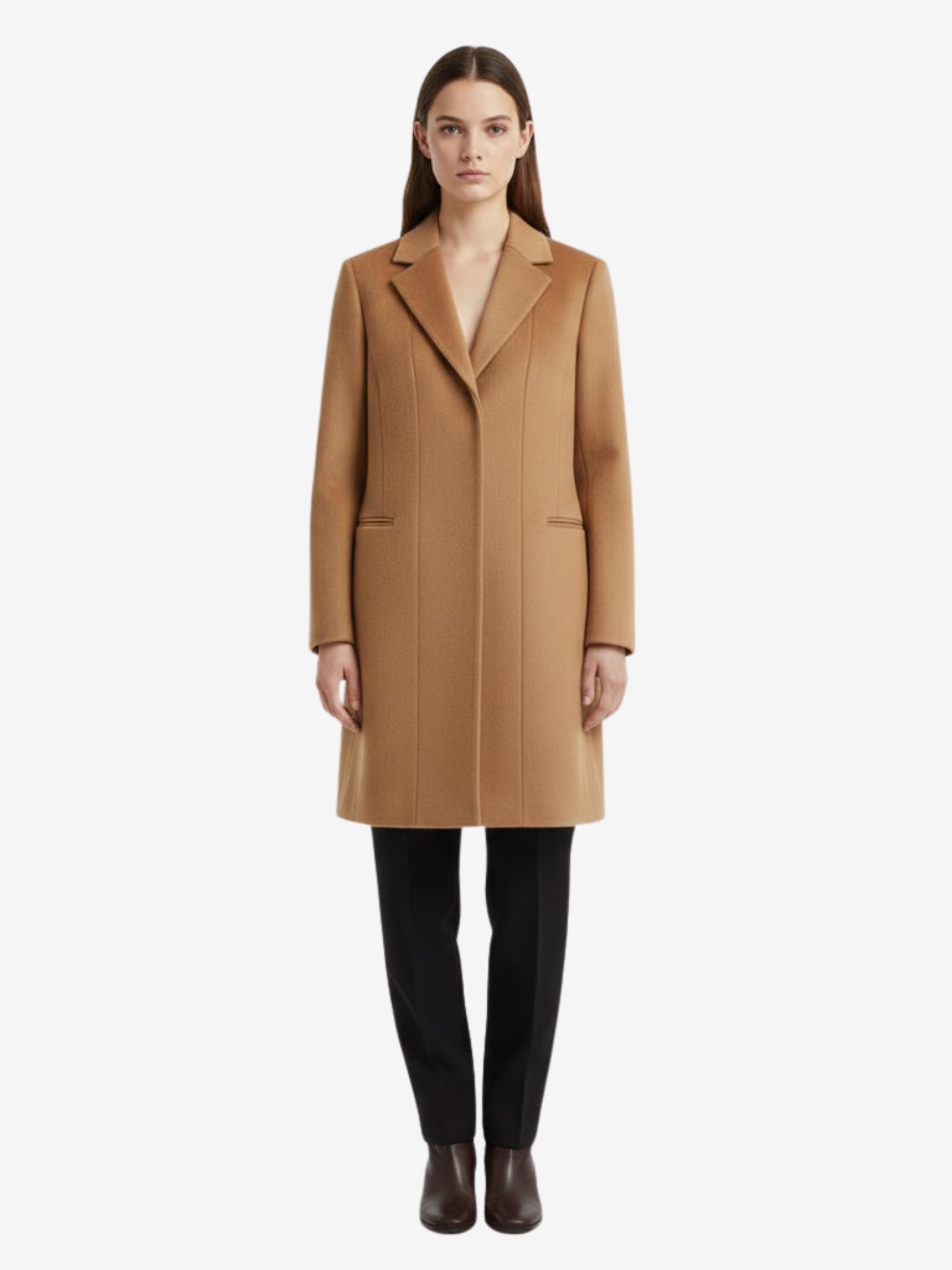 Manteau Femme Long Élégant à Col Tailleur et Coupe Droite
