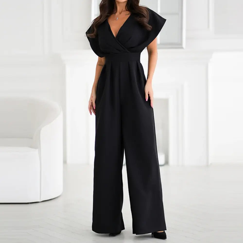 Combinaison pantalon femme col cache-cœur à jambes larges avec manches volantées