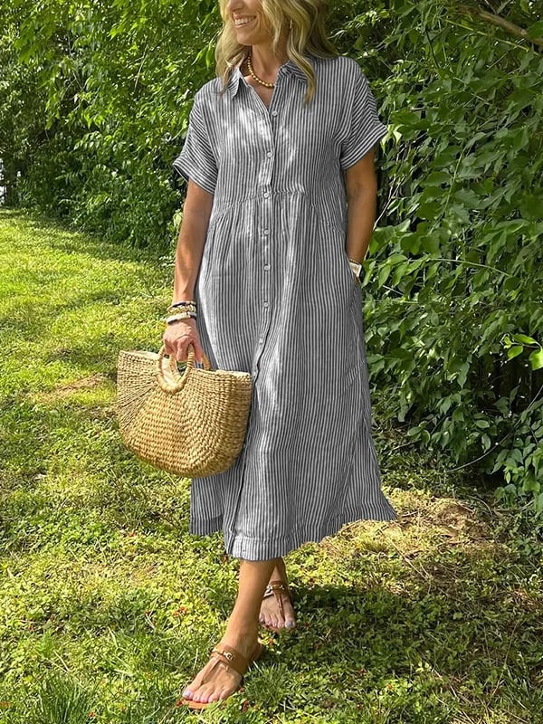 Robe chemise femme rayée midi manches courtes boutonnée coupe ample avec poches