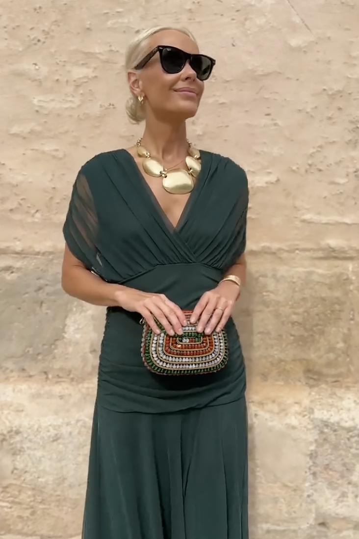 Robe longue femme col cache-cœur drapée en mousseline fluide élégante