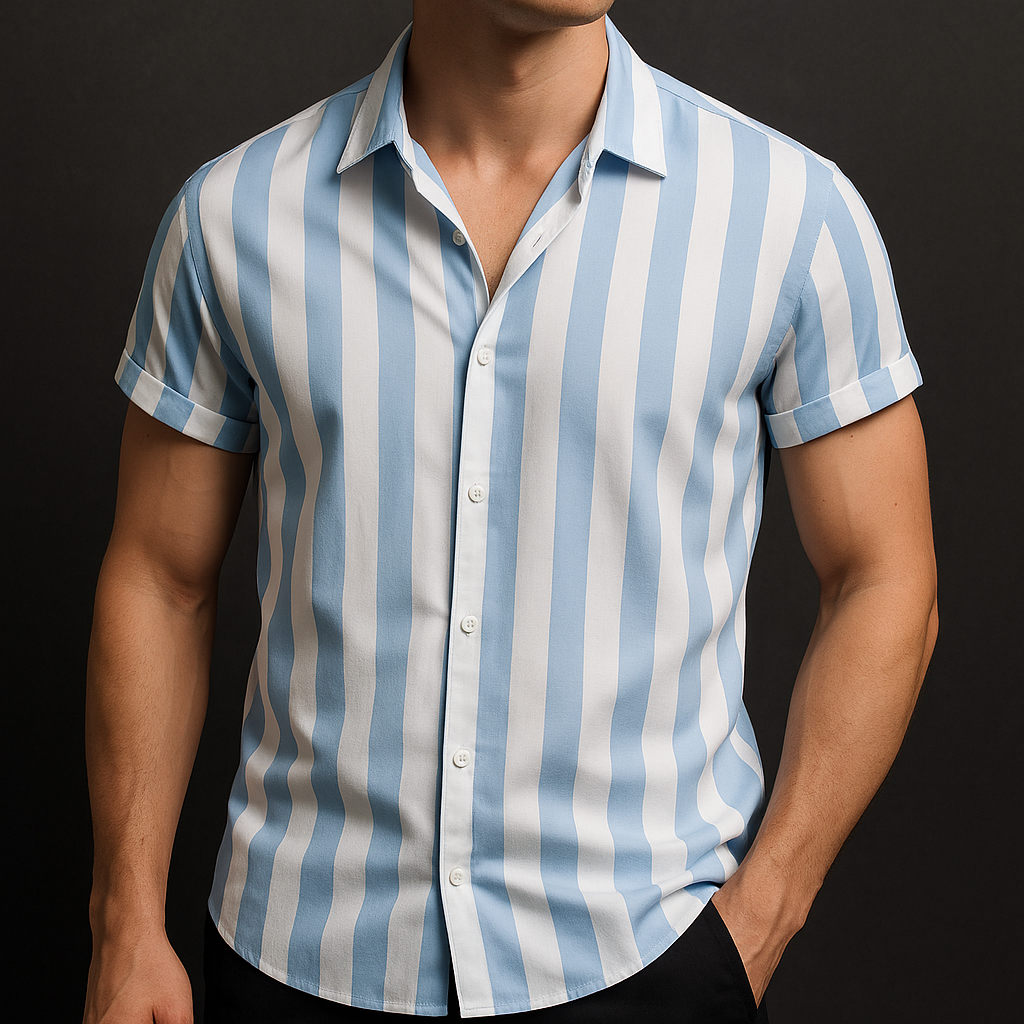 Chemise homme manches courtes rayée coupe ajustée col italien boutonnée