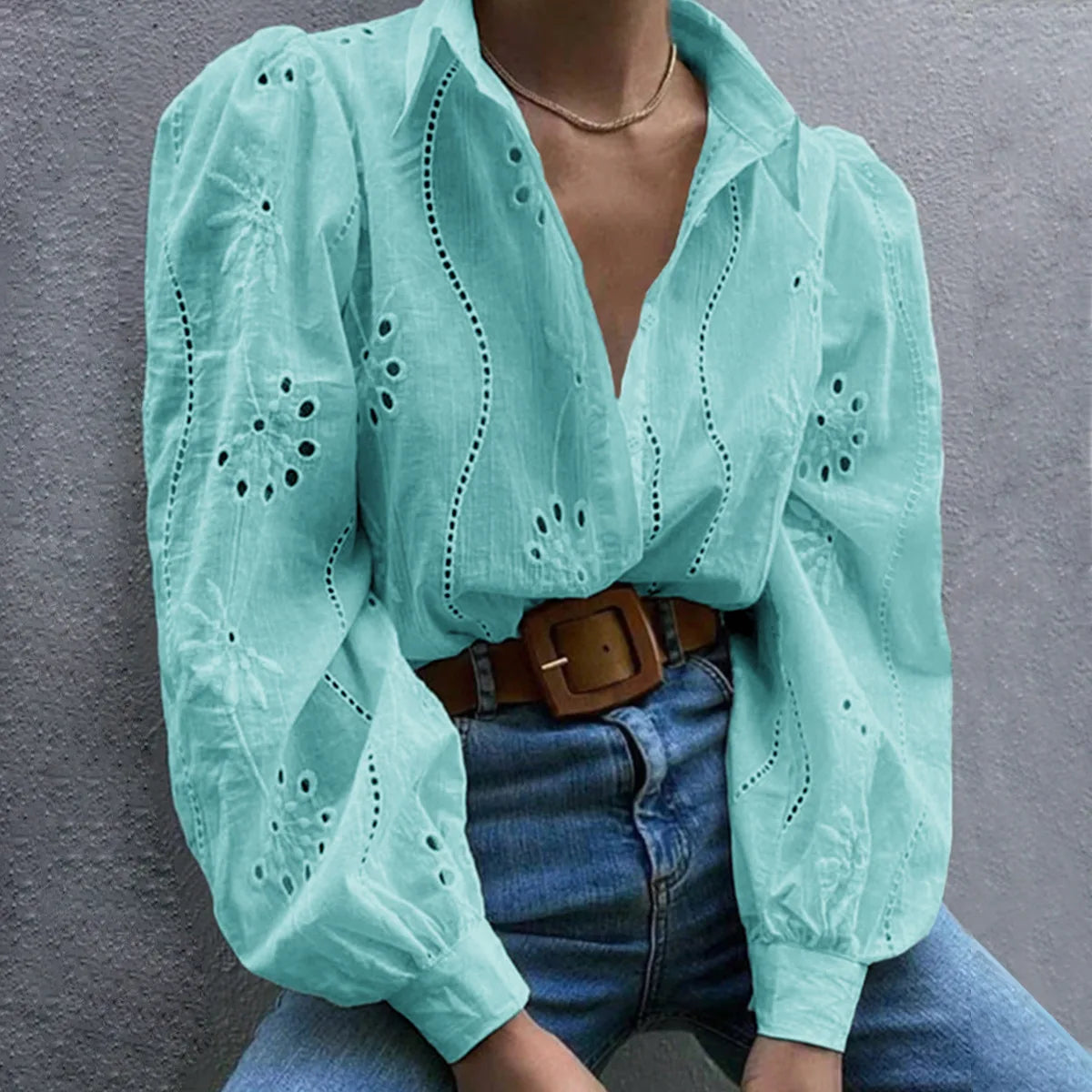Blouse broderie anglaise femme manches longues col chemise boutonnée coupe ample