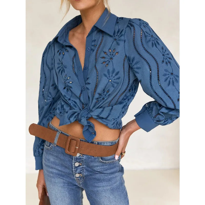 Blouse broderie anglaise femme manches longues col chemise boutonnée coupe ample