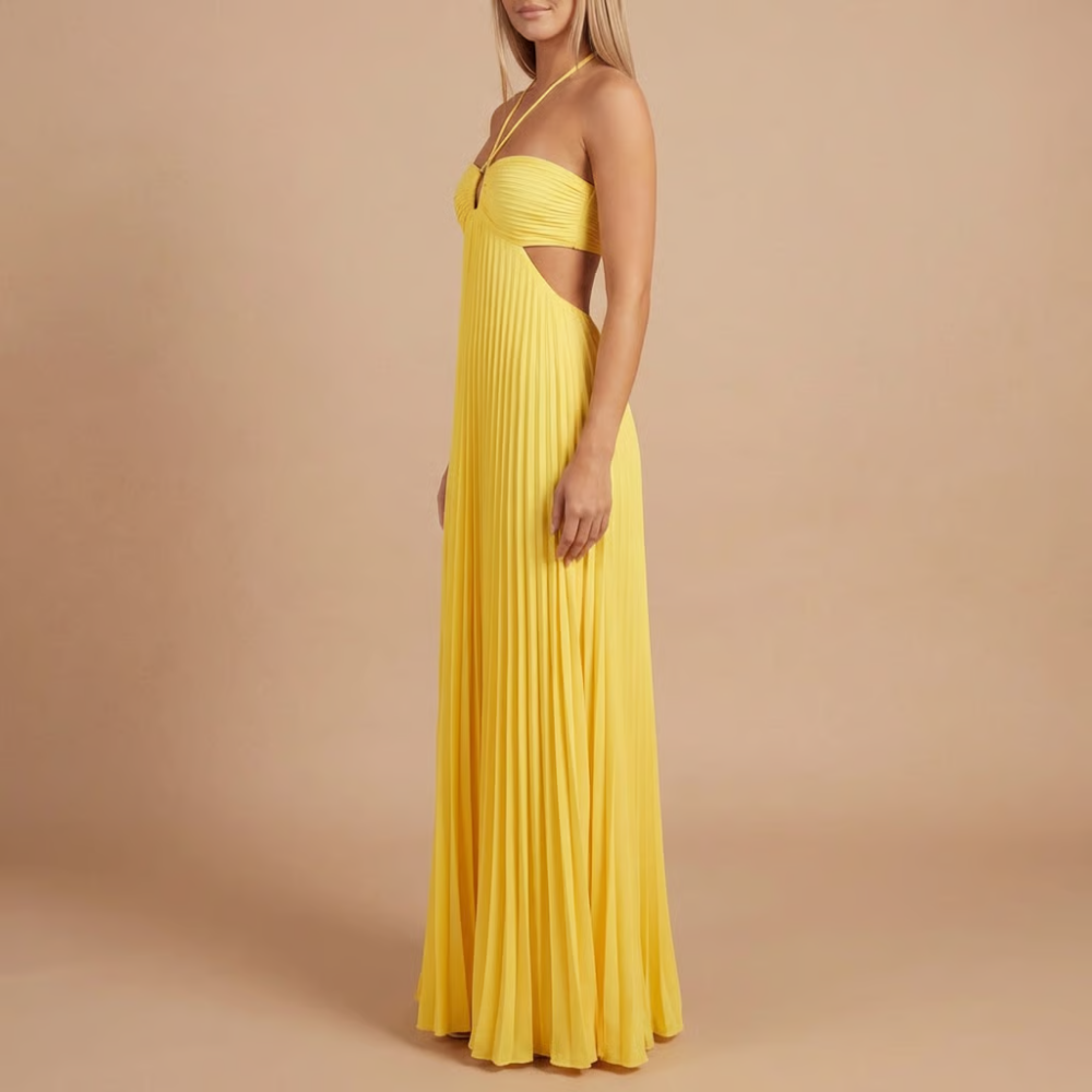 Robe longue invitée mariage plissée dos nu à découpes et col licou