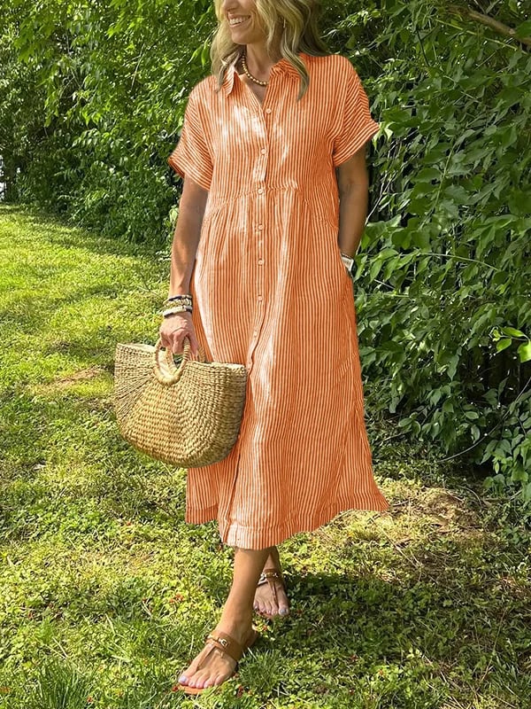 Robe chemise femme rayée midi manches courtes boutonnée coupe ample avec poches