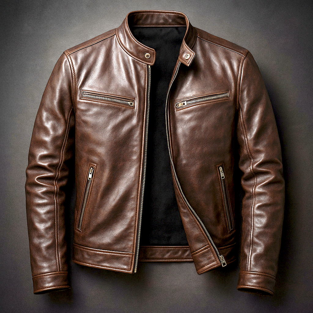 Veste homme style motard en cuir avec col montant et fermeture zippée