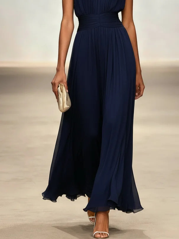 Robe longue mousseline sans manches col rond invitée mariage