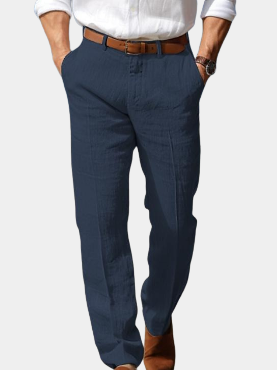 Pantalon homme en lin coupe droite avec passants de ceinture et poches latérales