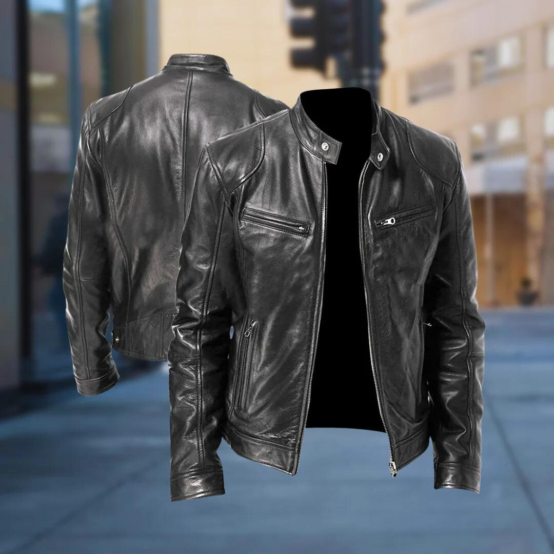 Veste en cuir homme style motard coupe ajustée zippée col montant