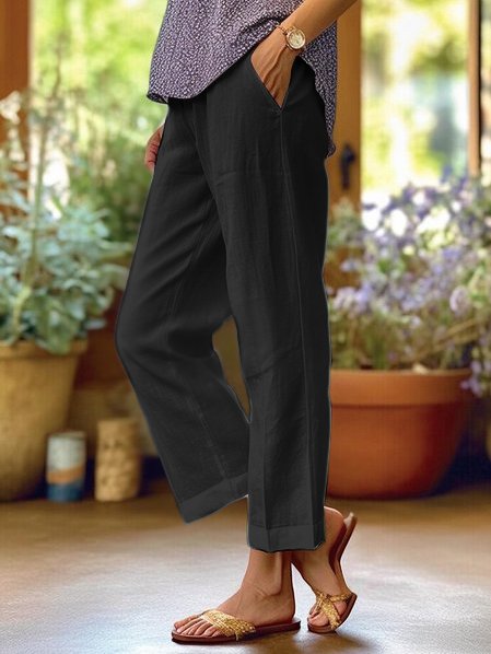 Pantalon femme en lin coupe droite taille élastique poches latérales fluide