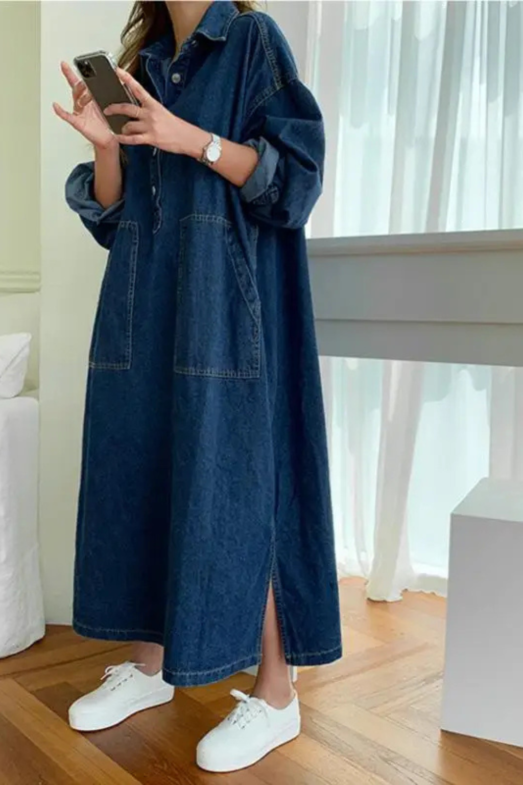 Robe en jean longue oversize col chemise manches longues