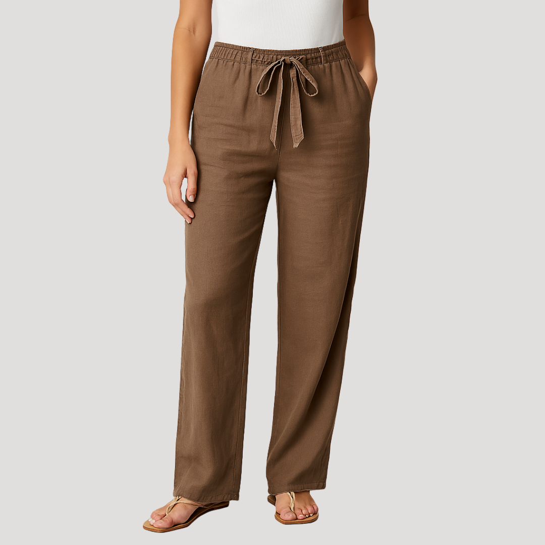 Pantalon large femme en lin à taille élastique avec cordon de serrage