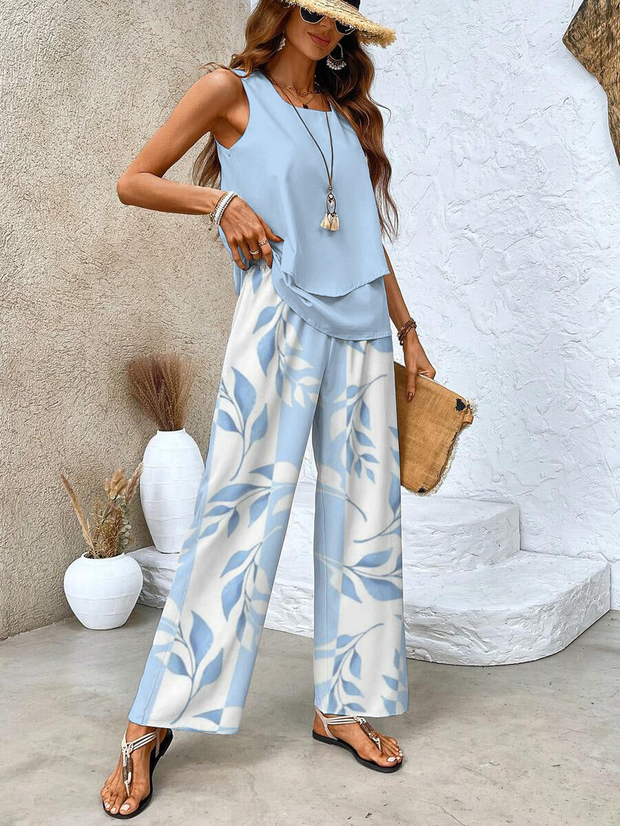 Ensemble femme haut sans manches et pantalon large imprimé fluide