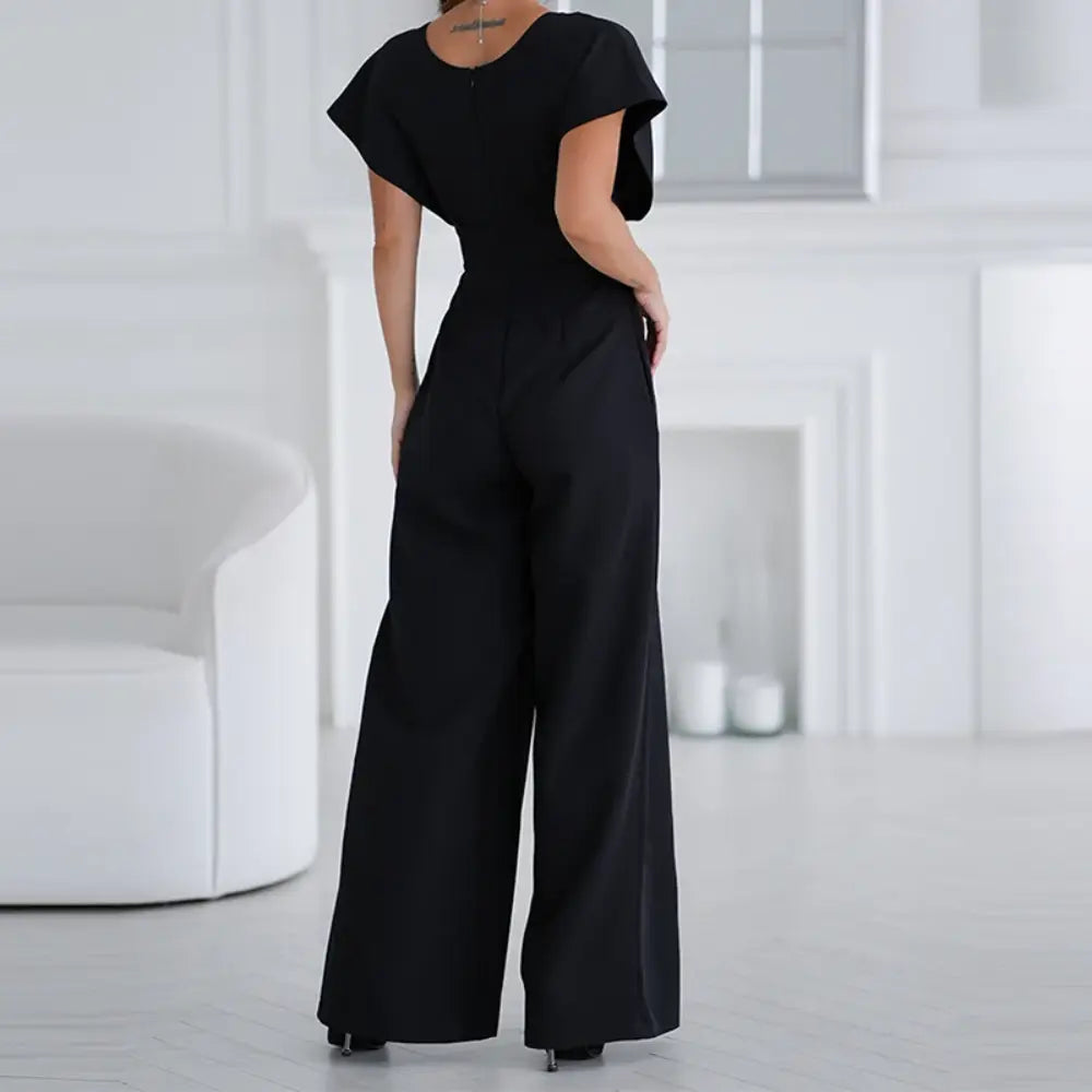 Combinaison pantalon femme col cache-cœur à jambes larges avec manches volantées
