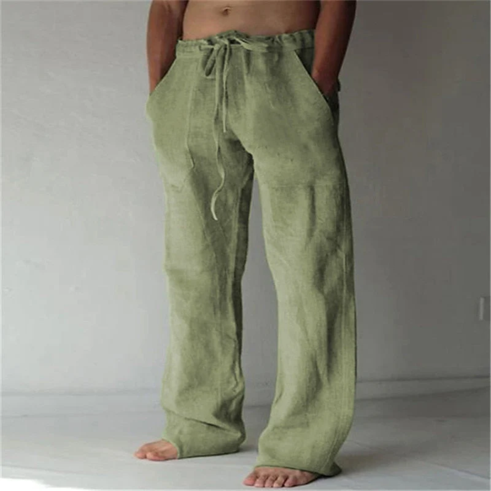 Pantalon large homme en lin à taille élastique avec cordon de serrage