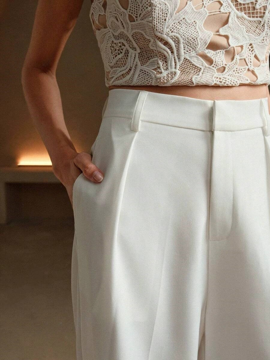 Pantalon large femme taille haute plis avant coupe fluide palazzo