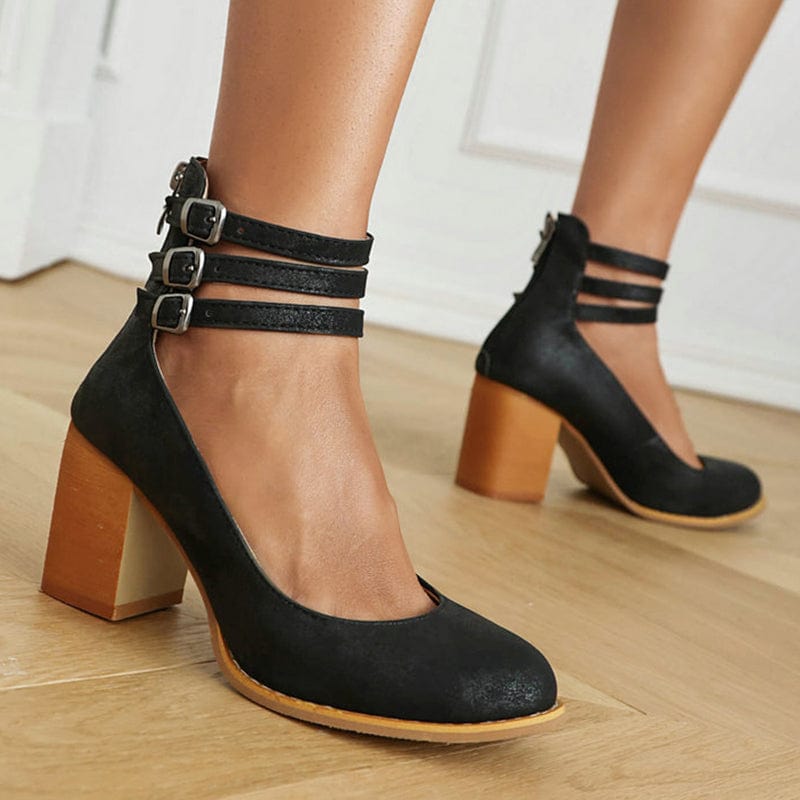 Escarpins femme bride cheville talon bloc bout rond chaussures à boucles élégantes