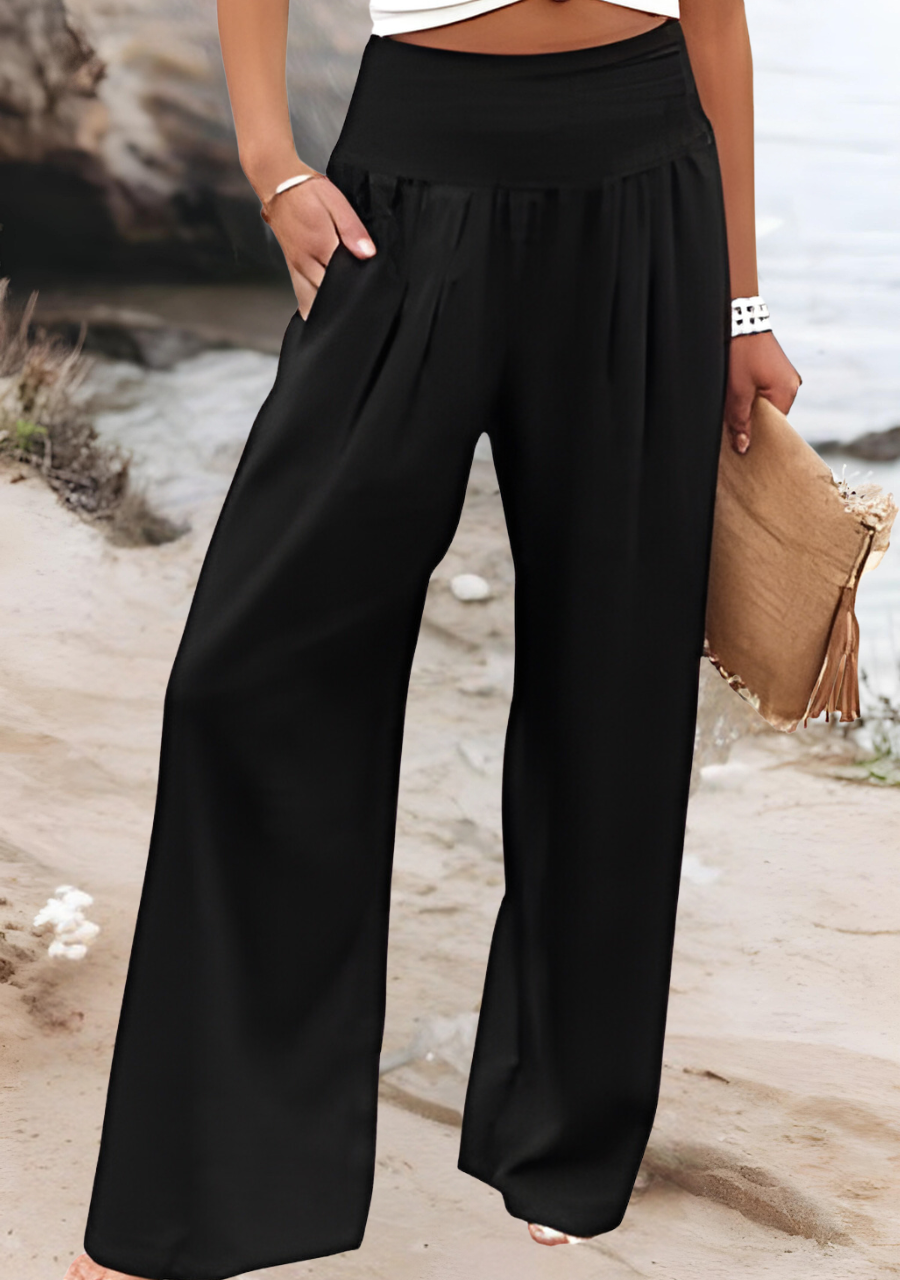 Pantalon large femme en lin taille smockée coupe palazzo fluide