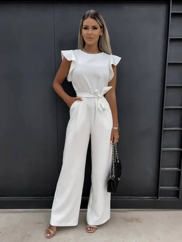 Combinaison pantalon femme invitée mariage à jambes larges avec ceinture nouée