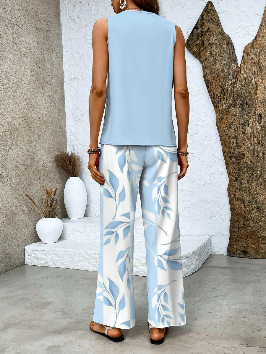 Ensemble femme haut sans manches et pantalon large imprimé fluide