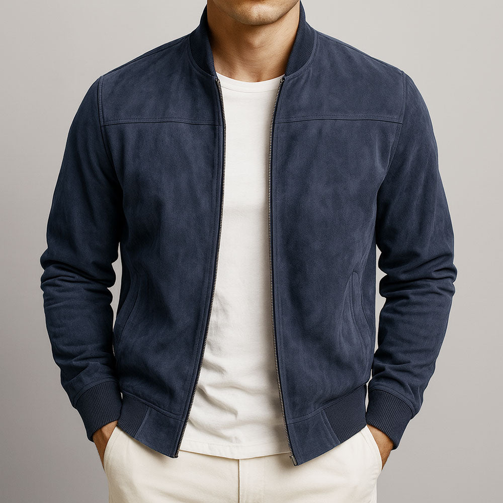 Blouson homme zippé suédine col montant manches longues veste casual mi-saison