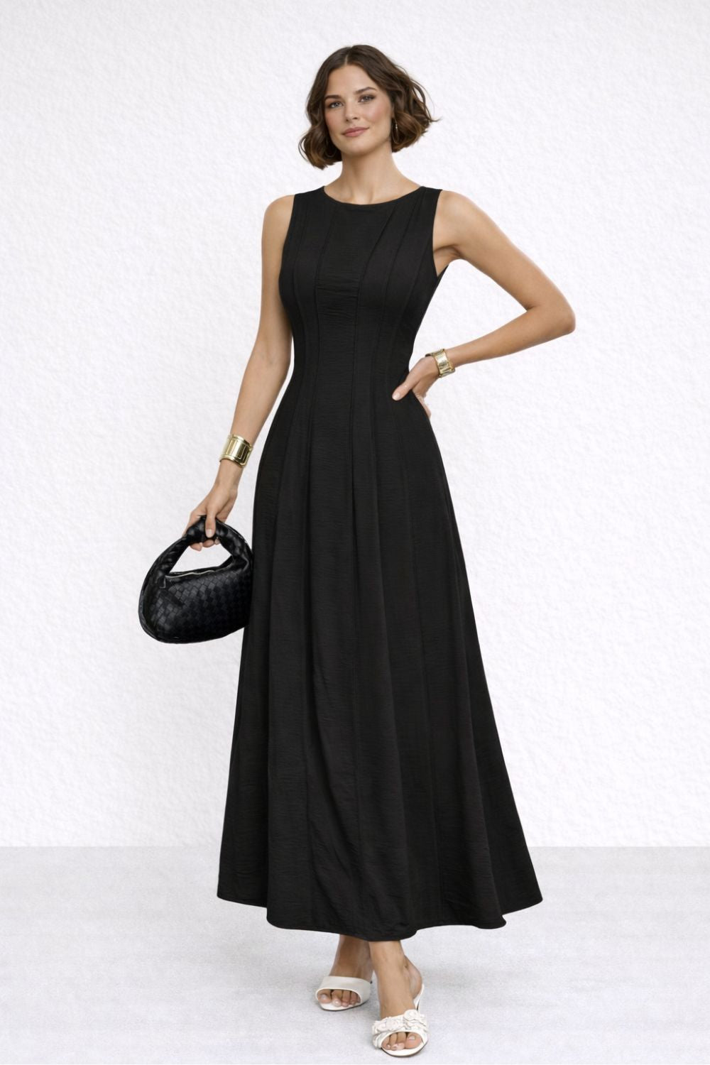 Robe longue femme en lin sans manches taille cintrée coupe évasée