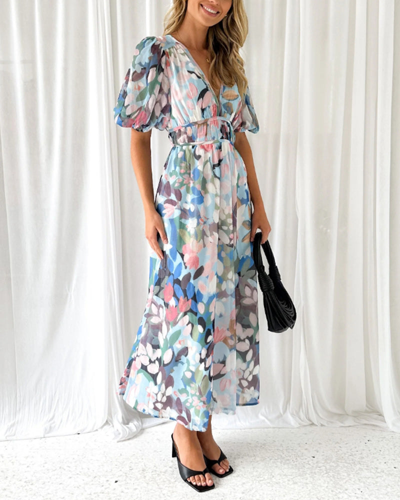 Robe bohème longue femme imprimé floral col V manches longues taille empire