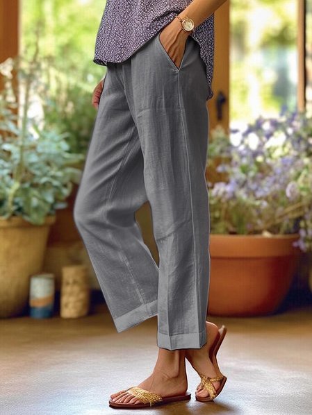 Pantalon femme en lin coupe droite taille élastique poches latérales fluide