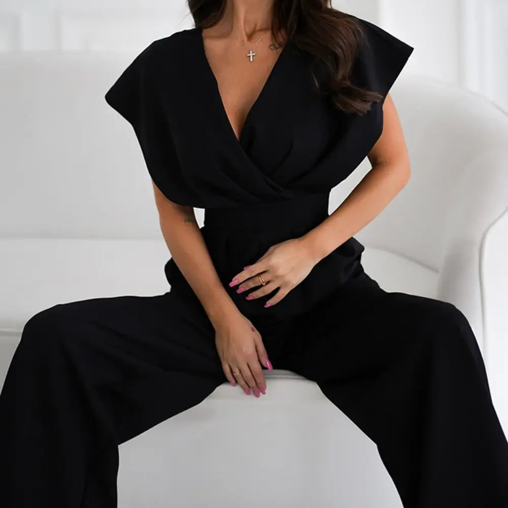 Combinaison pantalon femme col cache-cœur à jambes larges avec manches volantées