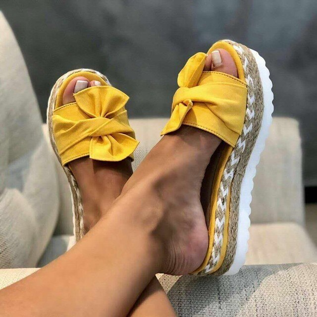Sandales femme compensées style espadrille avec nœud et plateforme confort été