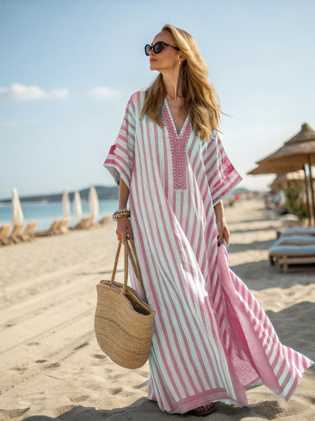 Robe kimono femme longue col V manches larges imprimé rayé coupe ample
