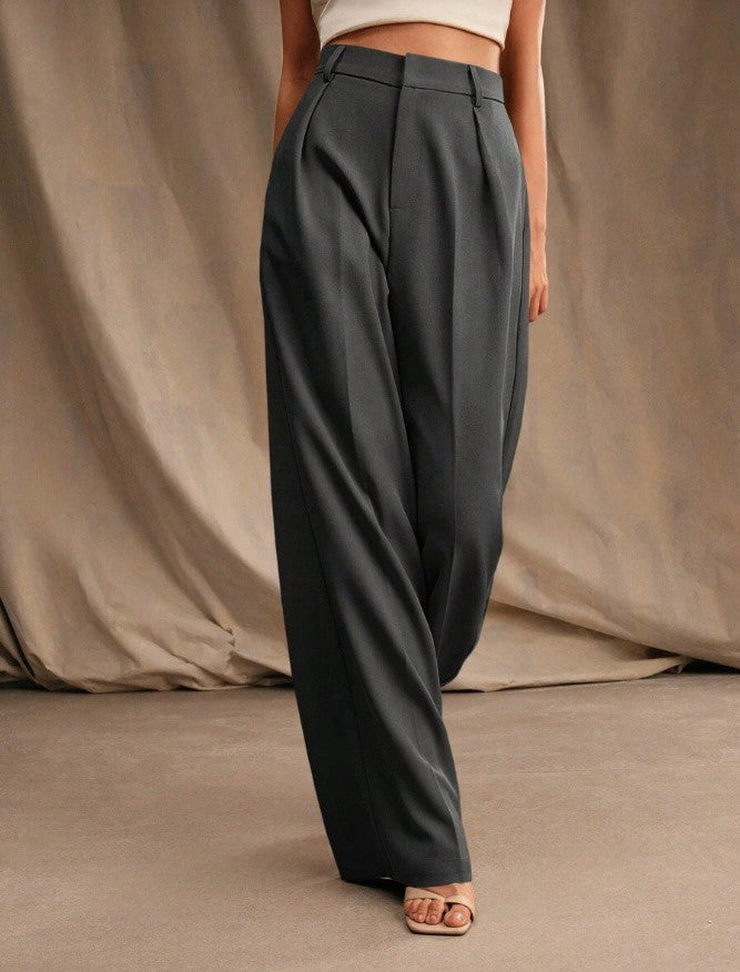 Pantalon large femme taille haute plis avant coupe fluide palazzo