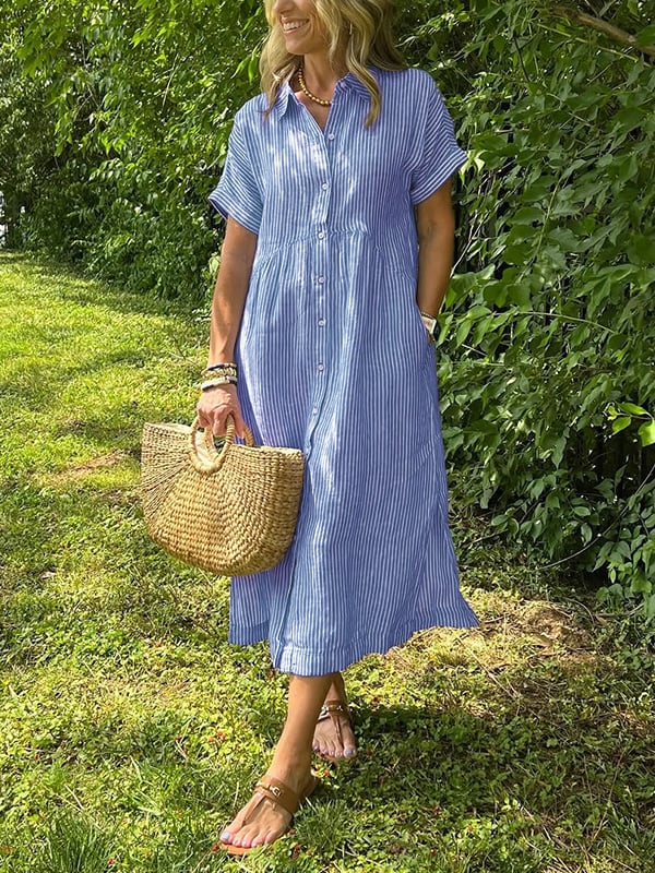 Robe chemise femme rayée midi manches courtes boutonnée coupe ample avec poches