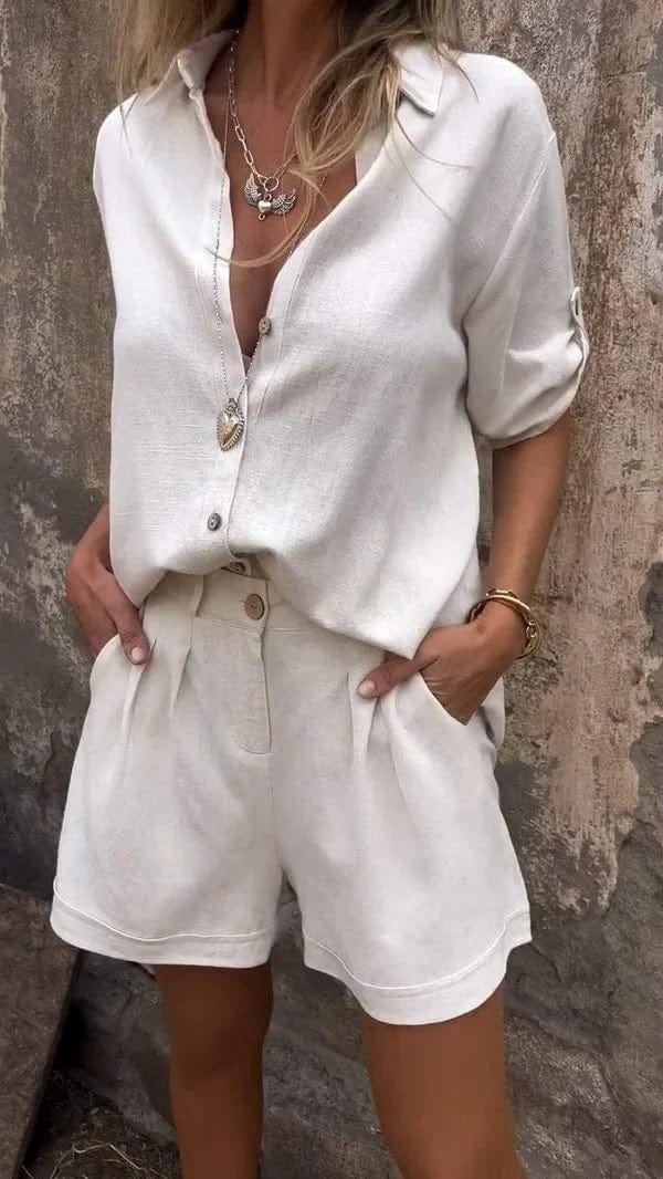 Ensemble femme chemise manches retroussables short taille haute ample casual