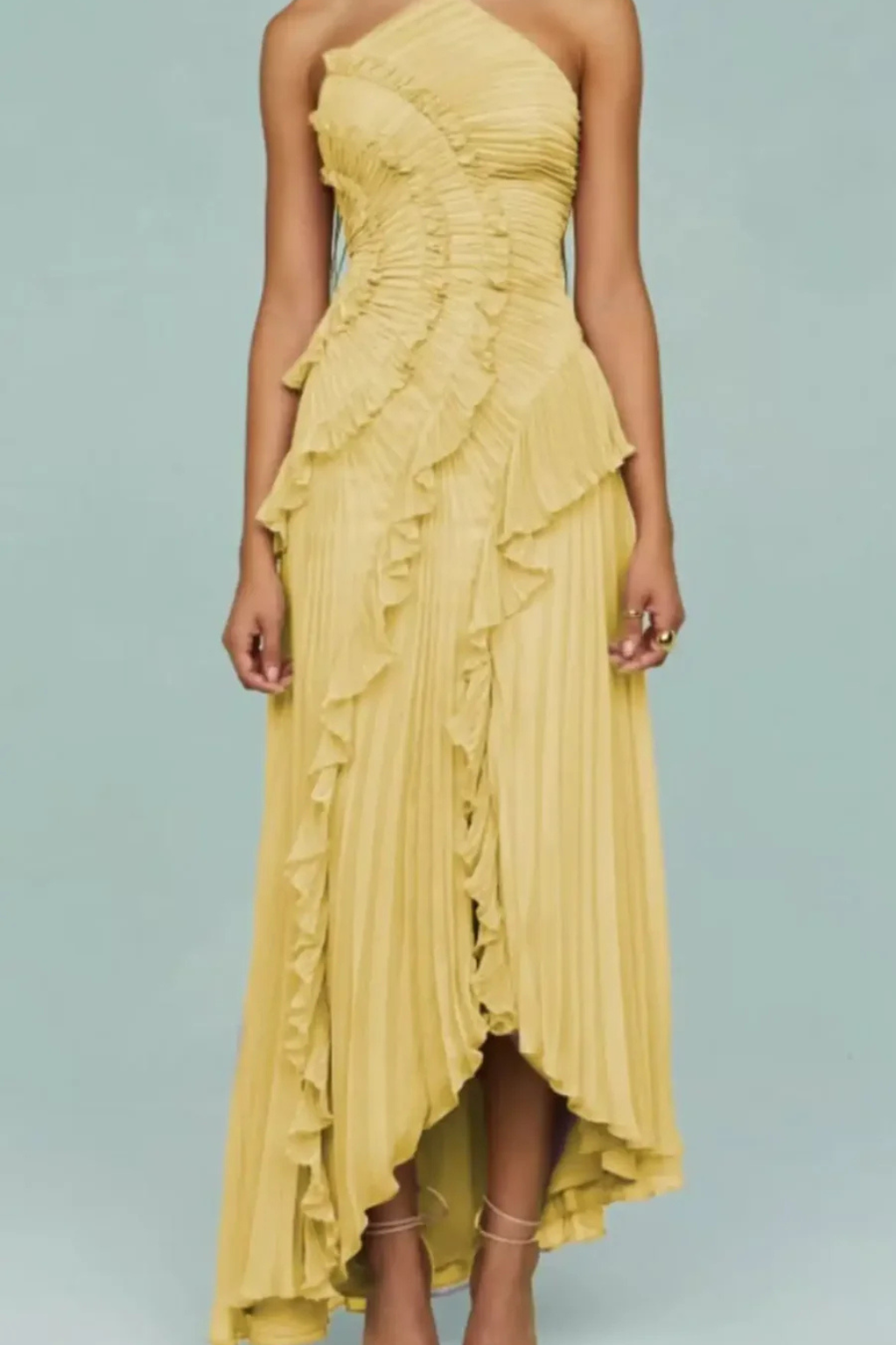Robe longue femme col halter dos nu plissée asymétrique invitée mariage