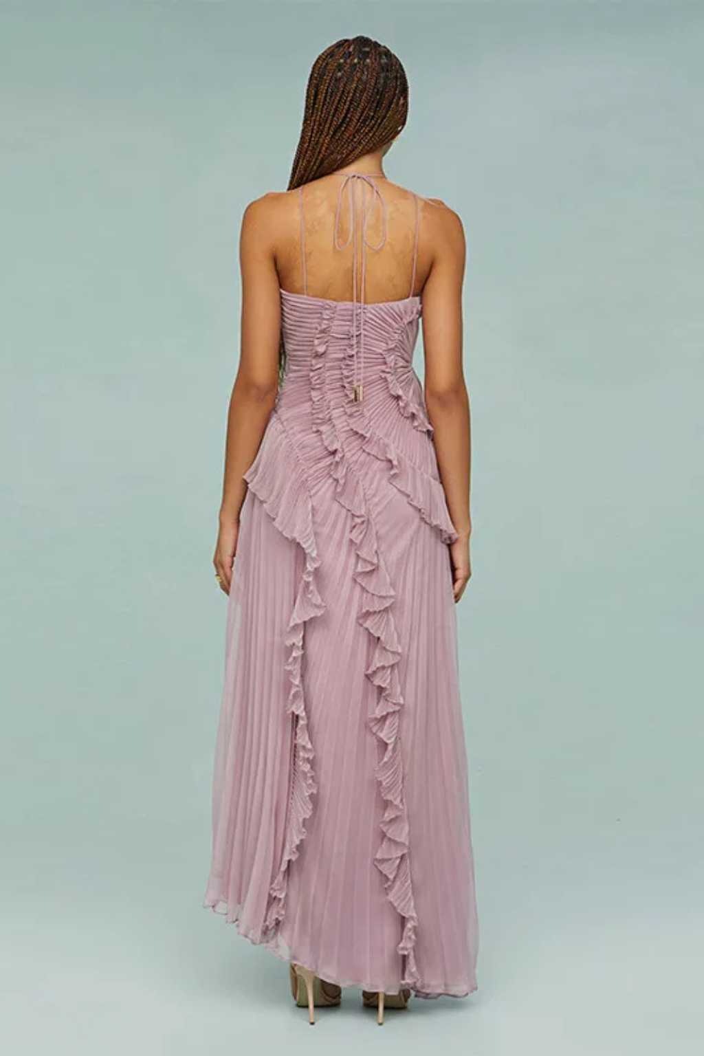 Robe longue femme col halter dos nu plissée asymétrique invitée mariage