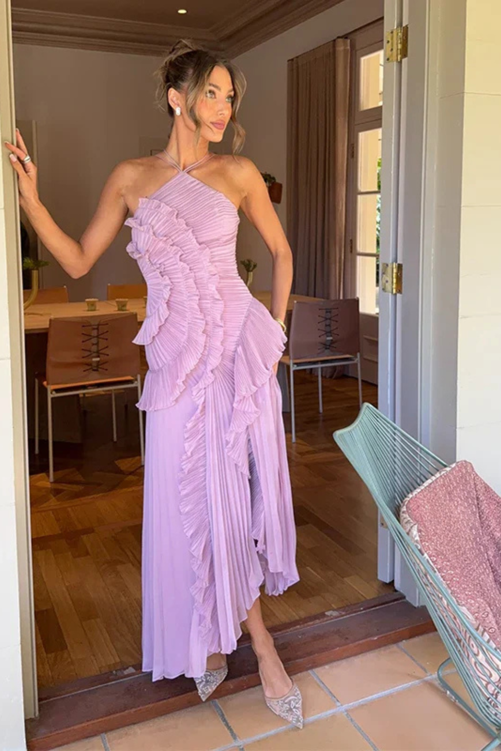 Robe longue femme col halter dos nu plissée asymétrique invitée mariage
