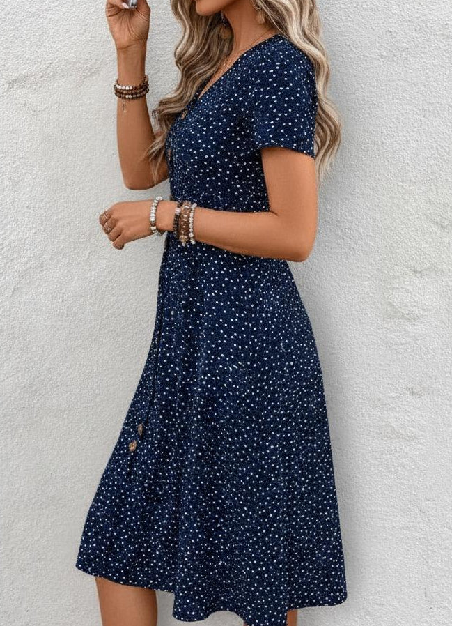 Robe midi femme col V imprimé pois manches courtes boutonnée devant