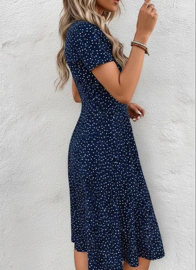 Robe midi femme col V imprimé pois manches courtes boutonnée devant