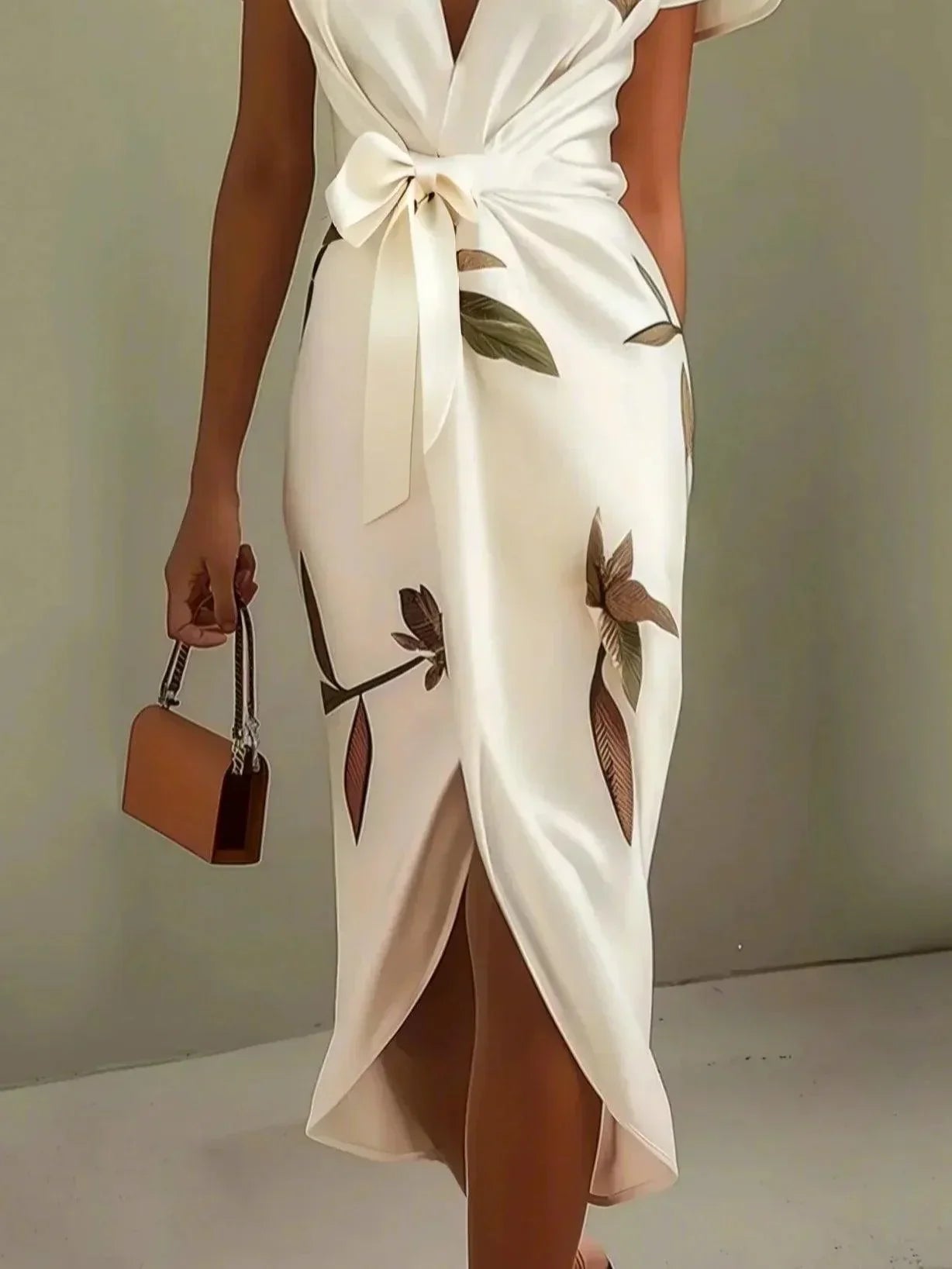 Robe portefeuille midi col V imprimée manches courtes ceinture