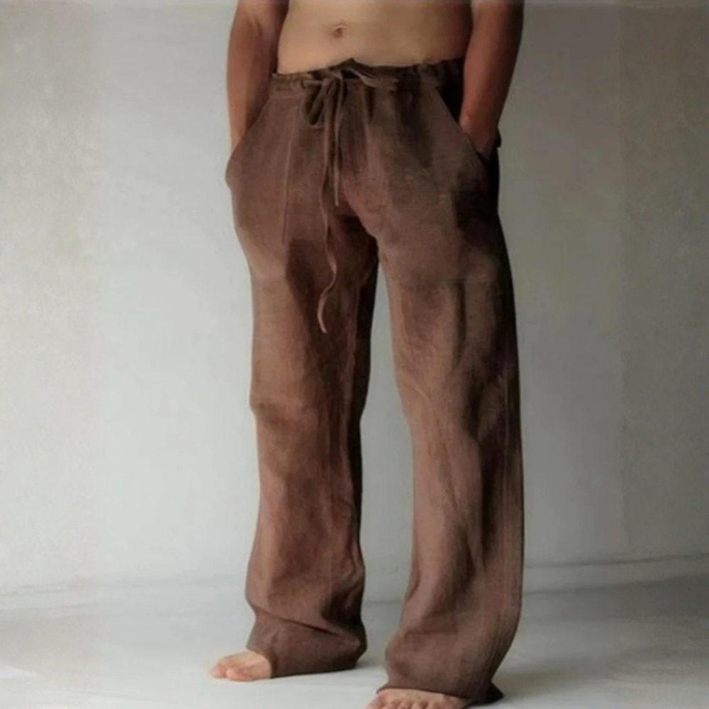 Pantalon large homme en lin à taille élastique avec cordon de serrage