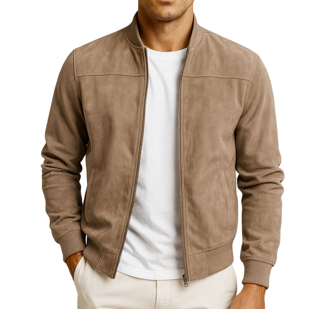 Blouson homme zippé suédine col montant manches longues veste casual mi-saison