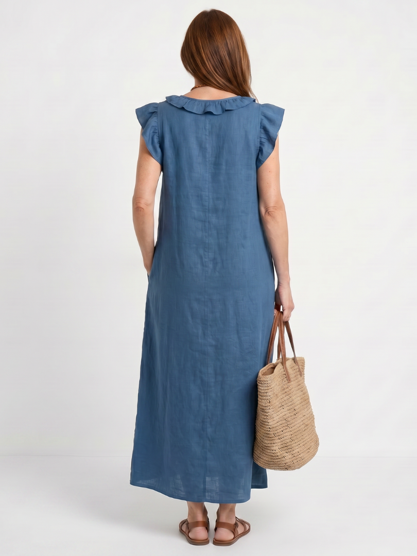 Robe longue femme en lin col V à volants sans manches coupe ample avec poches